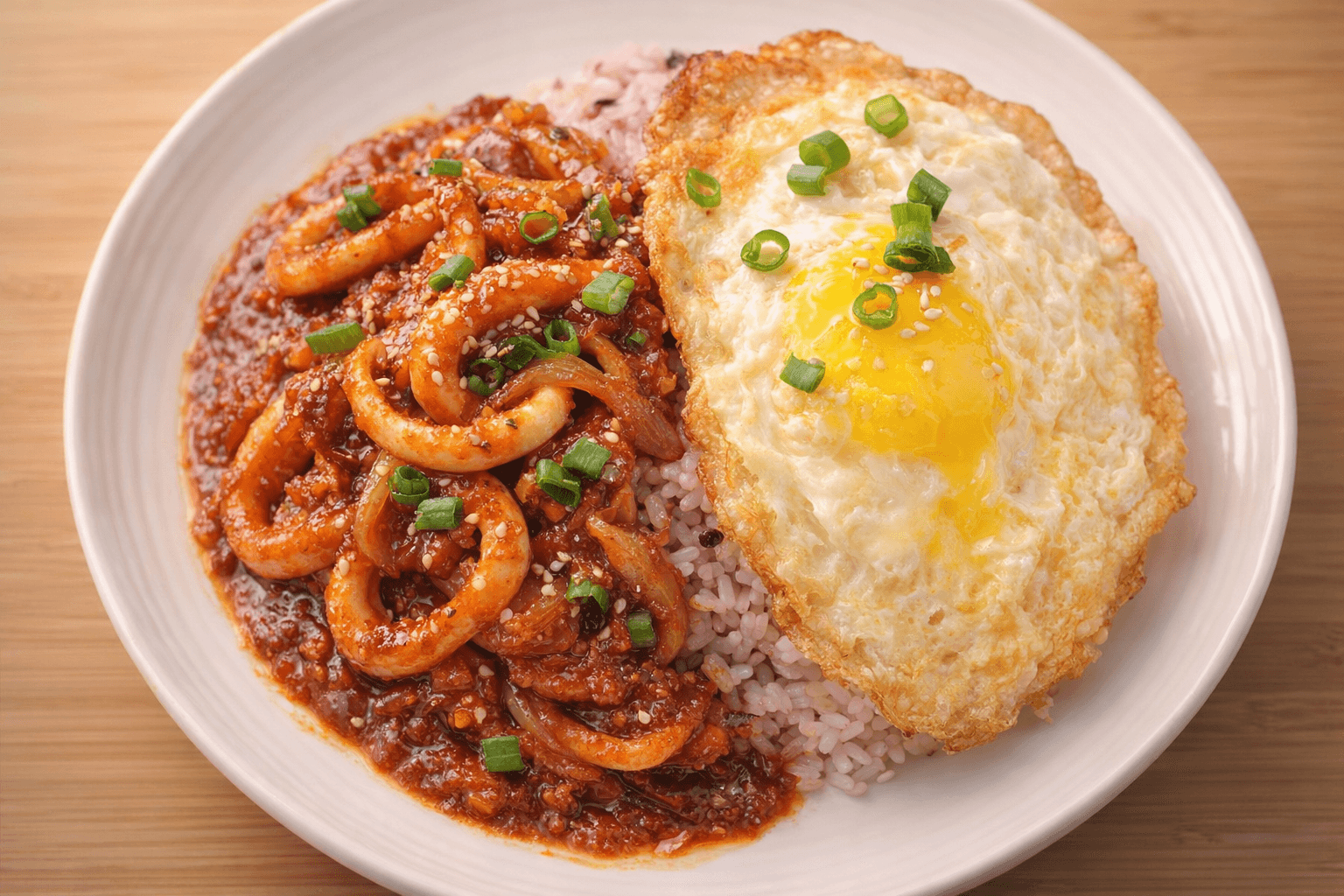 매콤 오징어덮밥과 반숙 계란프라이