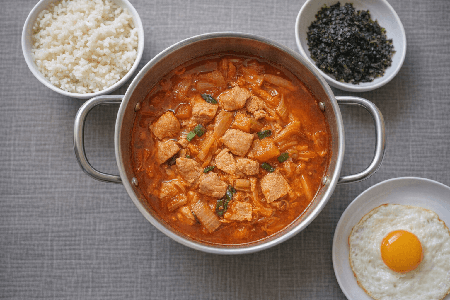 보글보글 끓는 돼지고기 김치찌개와 쌀밥