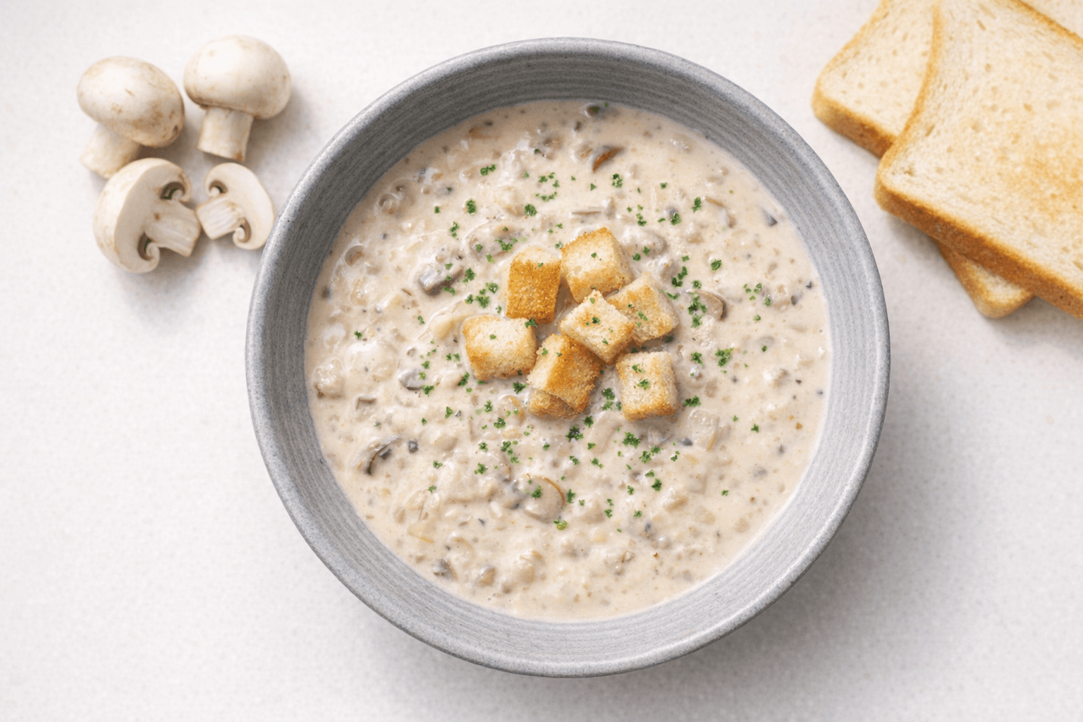 따뜻하고 진한 양송이수프와 크루통