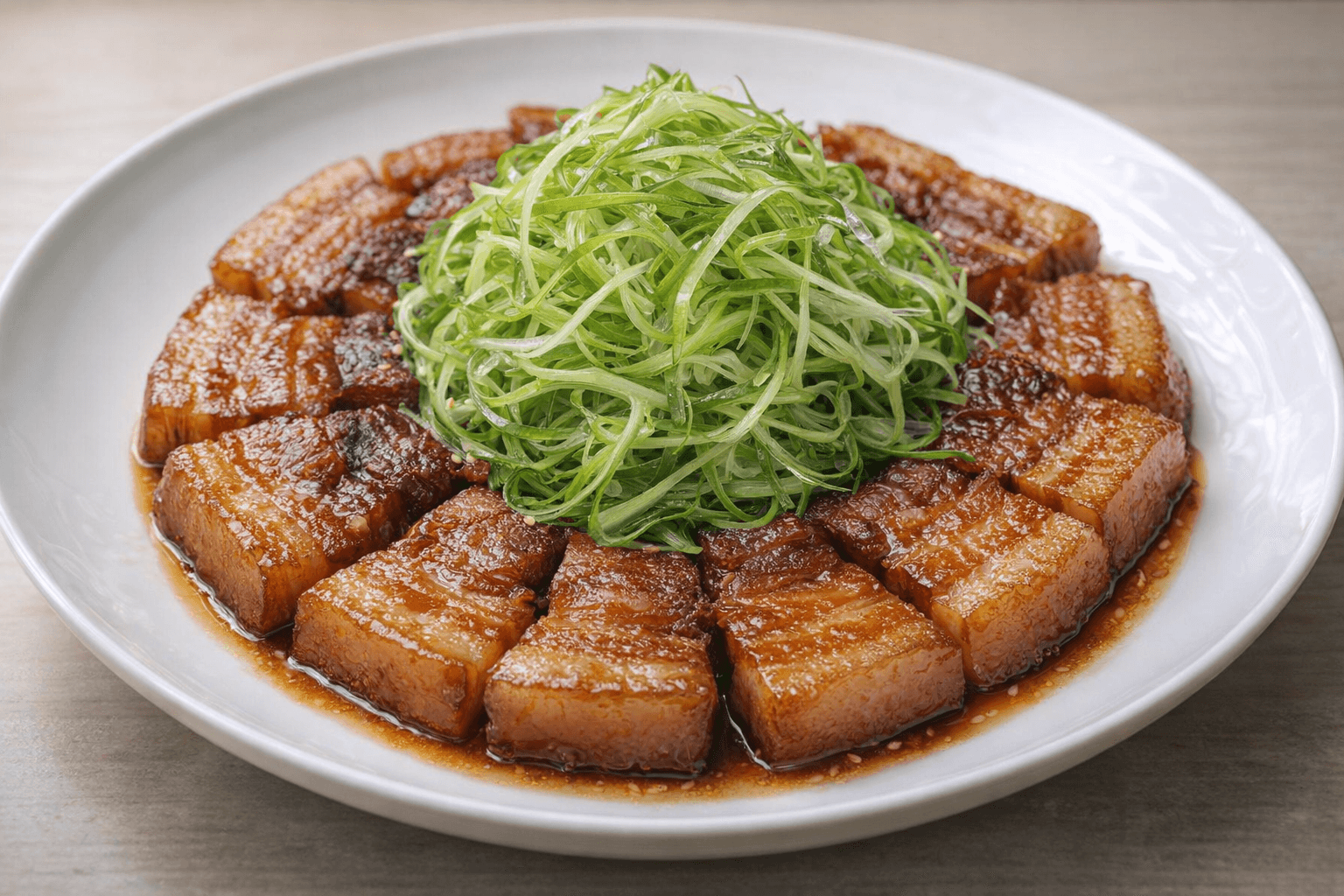 통삼겹살 간장 조림과 파채 플레이팅