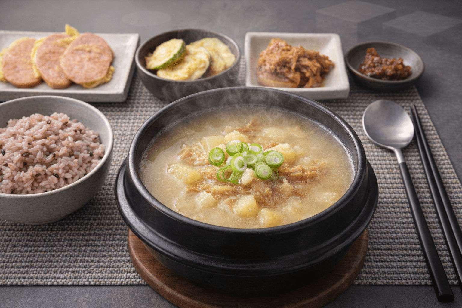 진한 국물 감자 황태해장국