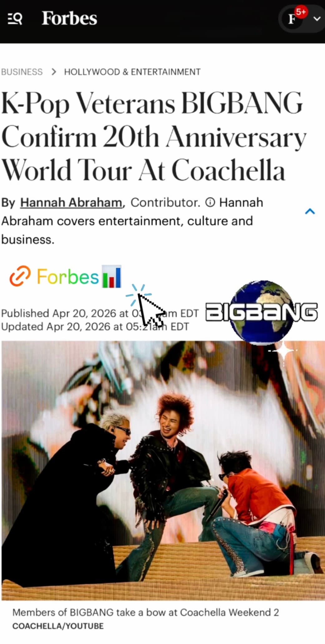 포브스가 빅뱅 코첼라 K팝 황제라 극찬했네